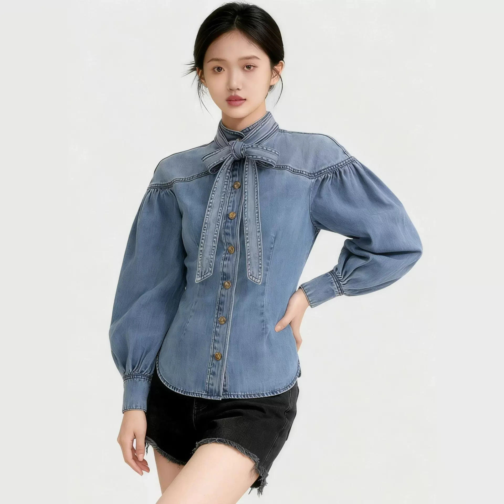 定制春秋季新款女蝴蝶结领泡泡袖收腰牛仔衬衫设计感复古气质上衣