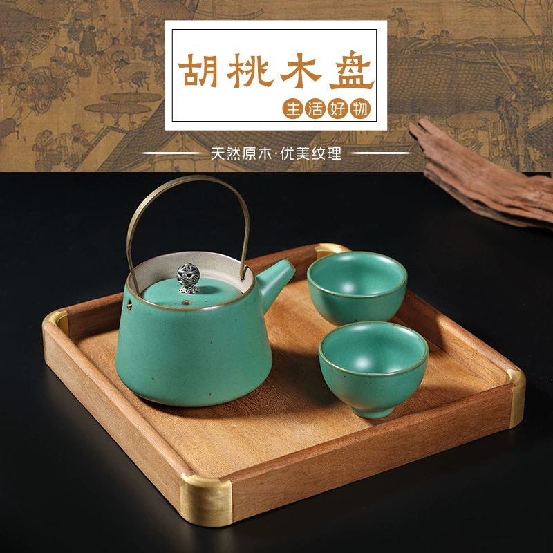 Натуральный грецкий орех инкрустированный медный угловой чайный поднос из цельного дерева