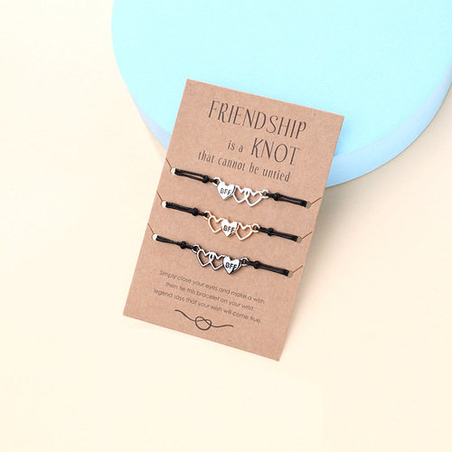 Cross-border New BFF Heart-Shaped Bracelets: 3-Piece Set of Simple European & American-Style Alloy Bracelets, Handcrafted with Waxed Cord Weaving—Wholesale Price