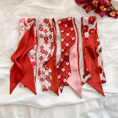 紅色系法式綁發春夏薄款氣質花朵絲巾女絲帶裝飾小領巾飄帶小長條
