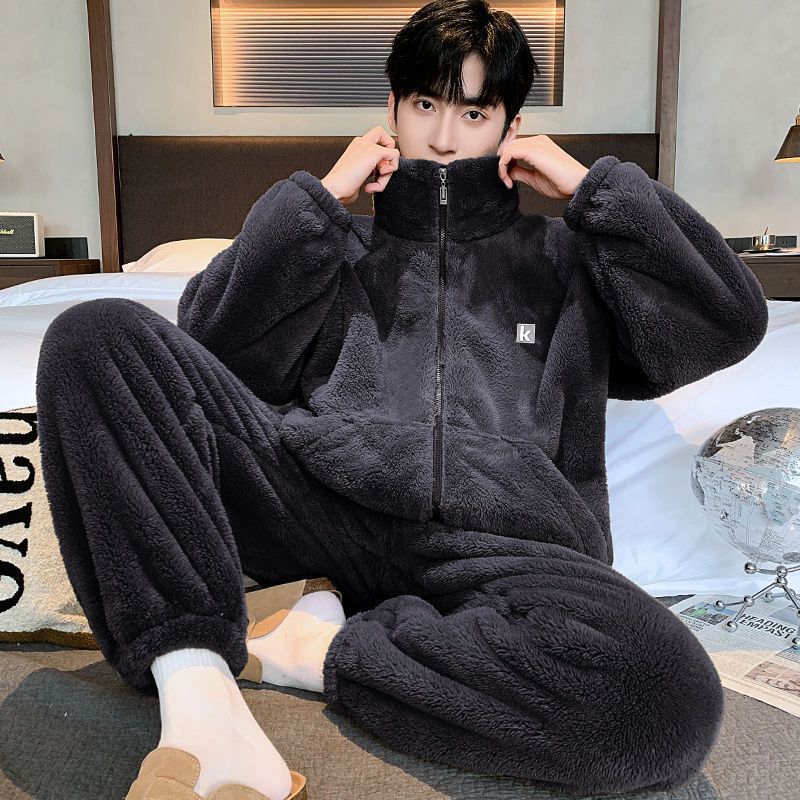 冬季法兰绒睡衣套装雪花绒家居服珊瑚绒可外穿大码宽松暖绒男士冬