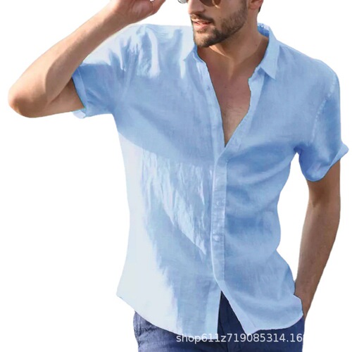 European and American men's summer new style pure color short-sleeved lapel fashionable cardigan casual thin shirt for men