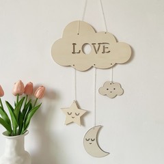 Creative Nursery Cloud, Moon, and Star Home Decor: Wooden Handmade Crafts with Eyelash Details—Perfect for Hanging Wind Chimes