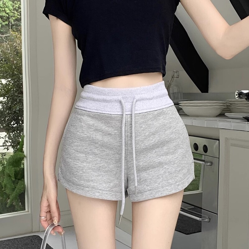 Gray Drawstring Sports Shorts for Women, Summer Thin Style, Petite High-Waisted Slimming Hip-Hugging Shorts with a Stylish A-Line Wide-Leg Design Gray Drawstring Sports Shorts for Women, Summer Thin Style, Petite High-Waisted Slimming Hip-Hugging Shorts with a Stylish A-Line Wide-Leg Design