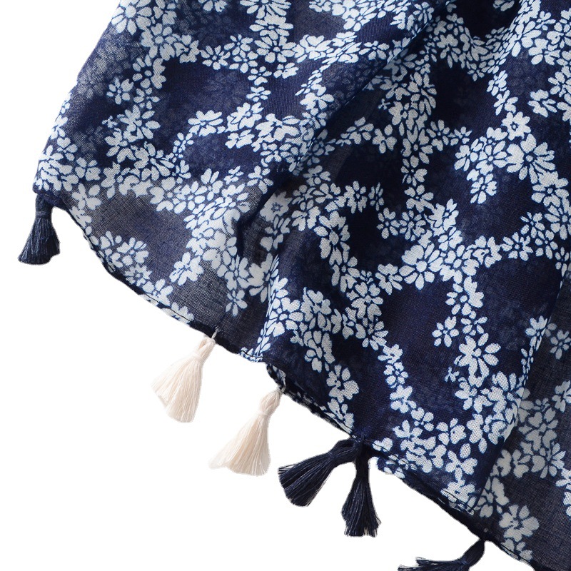 Japonés y coreano artístico todo fósforo algodón y lino sensación bufanda pequeña floral viaje protector solar Toalla de playa al aire libre de doble uso aire acondicionado chal
