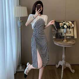 法式千格鸟连衣裙子女夏季高级质感洋气时尚收腰显瘦休闲开叉长裙