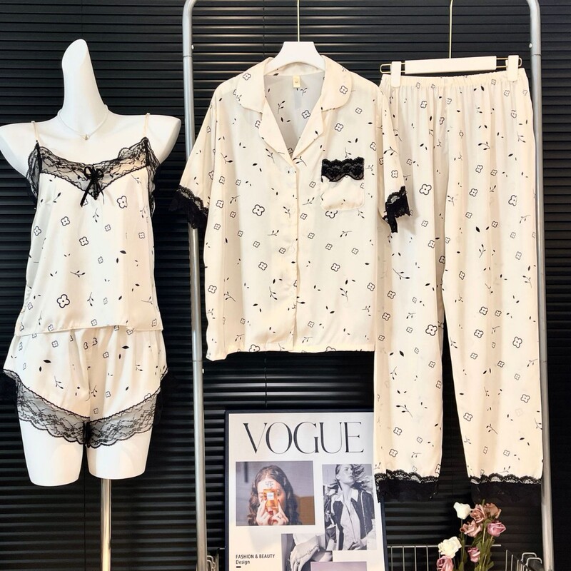 Lace Printed Ice Silk Pajamas for Women Spring and Summer Suspender Shorts Short-Sleeved Trousers Four-Piece Set Pure Lust Sweet Lace Women's Suit