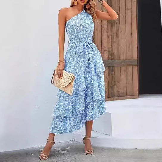 Cross-border 2024 Women's Summer Flower Casual Single-shoulder Layered Pleated Elegant Mid-length Bohemian dress