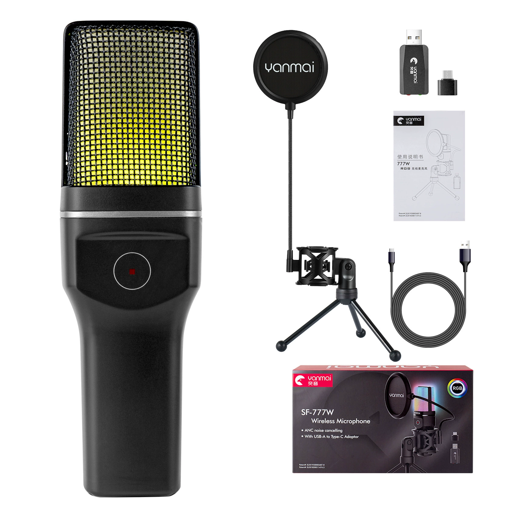 Беспроводной ударопрочный микрофон SF-777W для мобильных игр, USB/2.4G, RGB, 8 ч работы