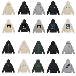 跨境Rhude秋季美式复古字母印花高街潮牌男女宽松拉链连帽卫衣ins