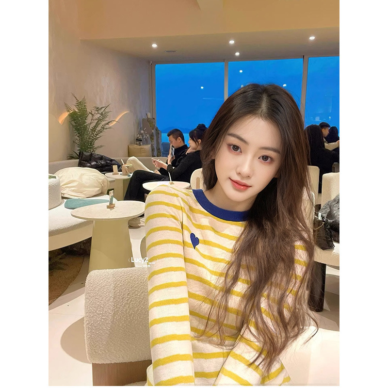 2026 Spring Color-Block Striped Knitted Base Shirt for Women Korean Style Heart Embroidery Design Top Layered Sweater