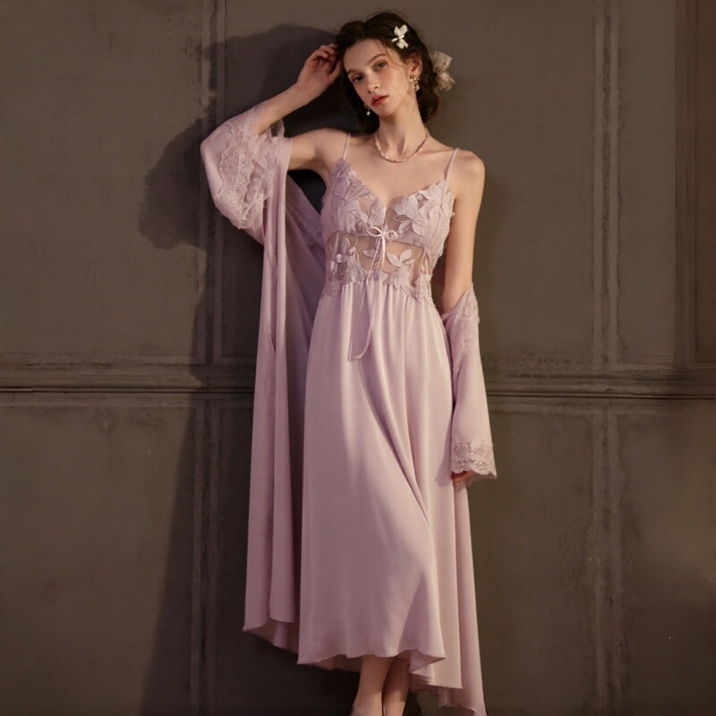 Live-Streamed Women's Summer Ice Silk Sexy Pure Desire Nightgown Long Strap Nightdress Long Dress Home Wear Dress Nightgown Cross-Border