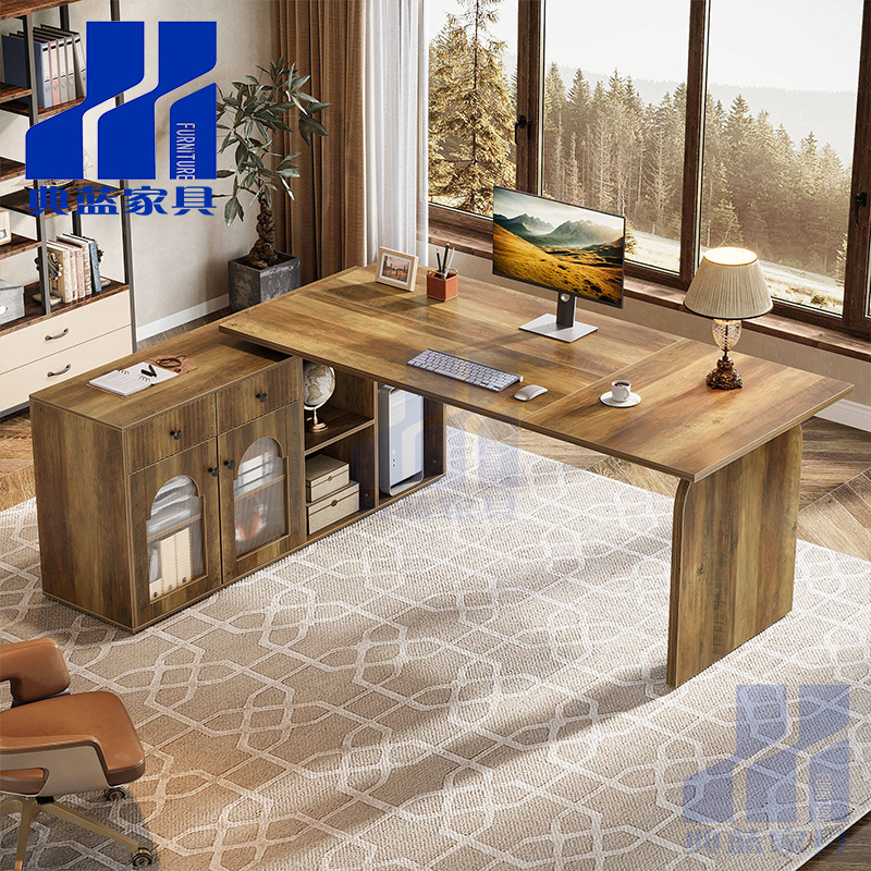 Amazon's Cross-Border Best-Selling Eco-Friendly Modern L-Shaped Executive Desk with File Cabinet and Drawers Wooden Office Desk