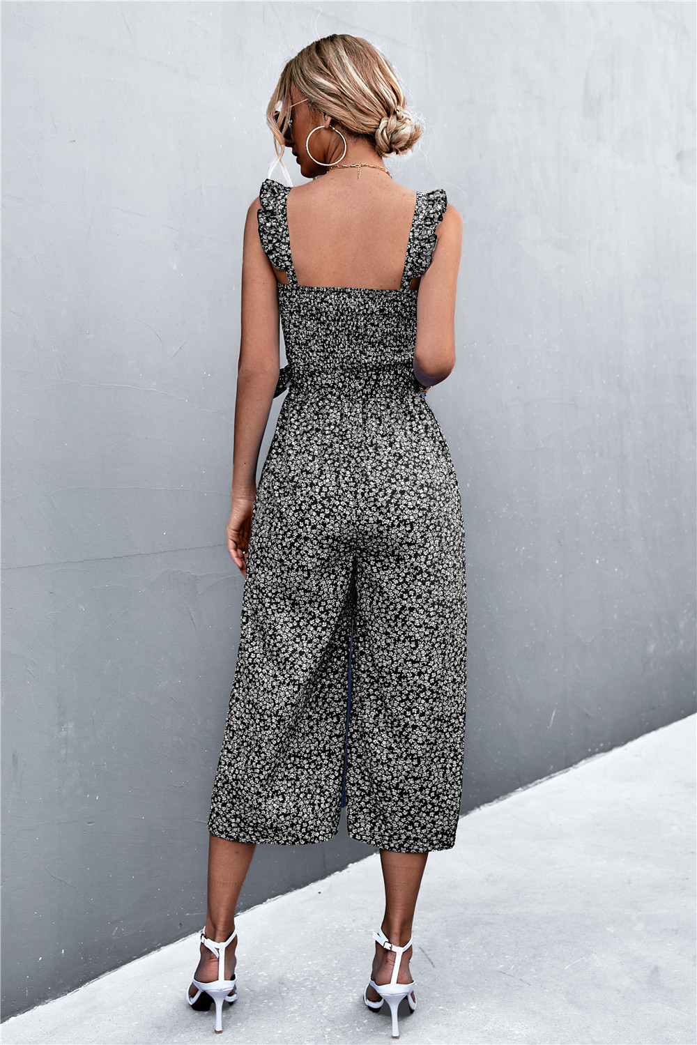 Spring Summer Flying Sleeves Belt Floral Smocking Jumpsuit