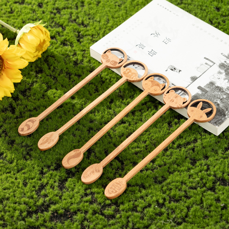 Red roja cuchara de miel de mango largo cuchara de mezcla de madera de haya barra de mezcla de café creativo para el hogar cuchara de animal de dibujos animados creativos