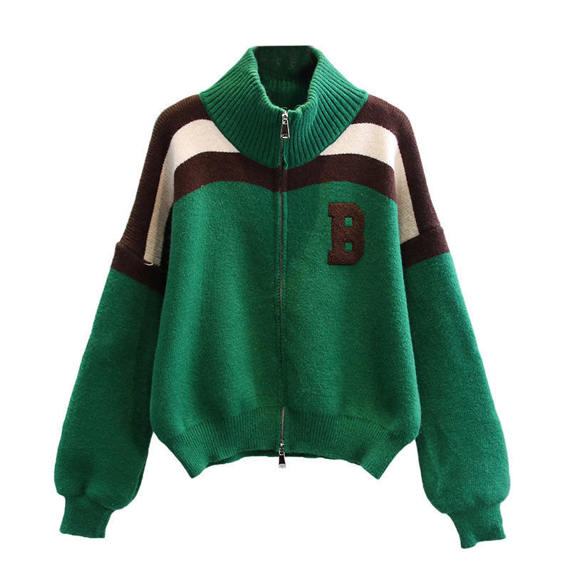 Cardigan tricotat coreean de toamnă, stil leneș, lejer, cu imprimeu floral, culoare asortată cu litere, pulover cu guler înalt pe jumătate, pentru femei_voghion.com