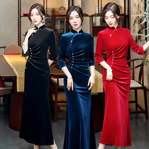 Blue black red velvet Chinese Dresses cheongsam oriental Qipao long slim skirt Chinese wind elegant high-end performance costumes