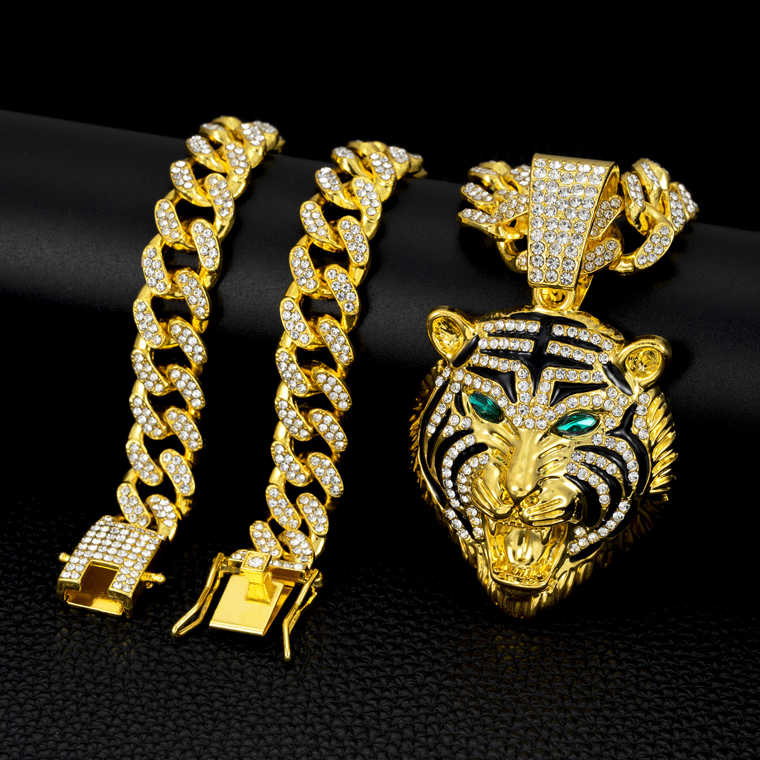 New European And American Cross-Border Green-Eyed Tiger Head Pendant Alloy Full Diamond Cuban Necklace Hip-Hop Style_voghion.com