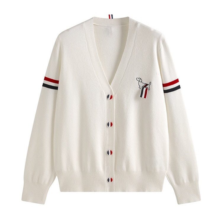 Designed Puppy Embroidered Webbing V-Neck Knitted Cardigan for Women Loose and Versatile Preppy Style Sweater Jacket