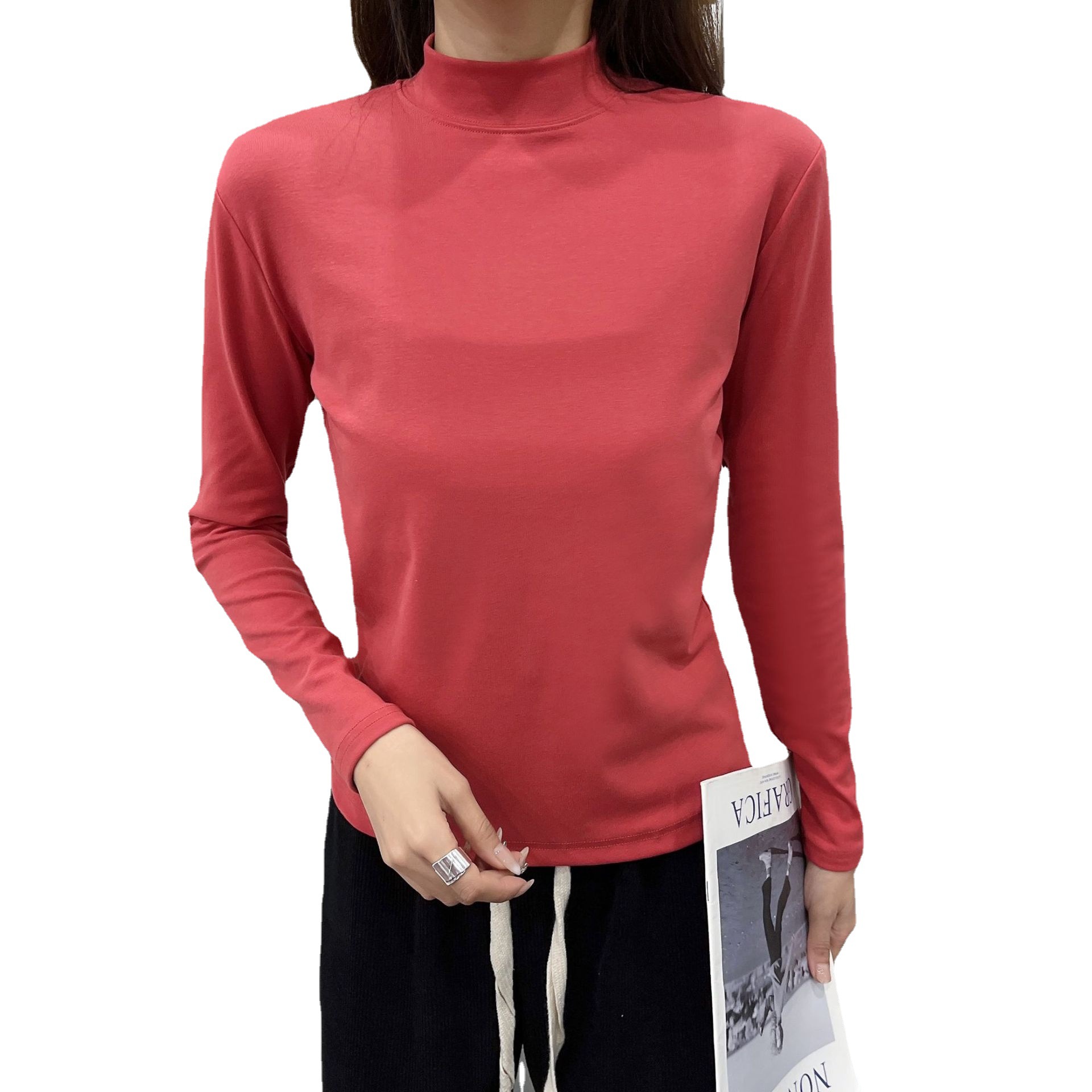 23 Spring and autumn new cotton thread solid color undercoat soft muscle undercoat half high collar inch collar long sleeve underwear