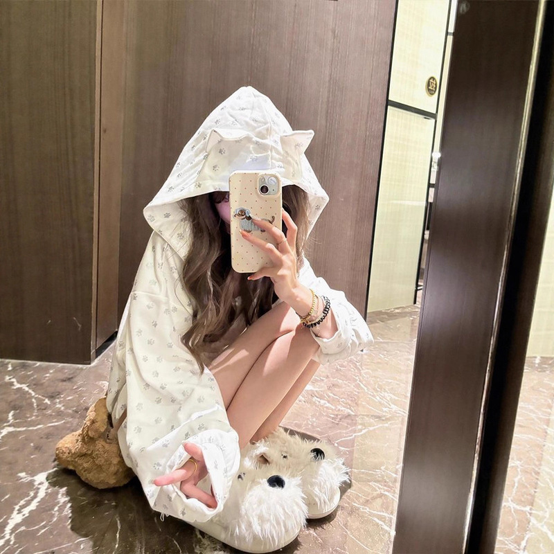 American Hooded Sweatshirt with Dog Ears, Cute Loose Zipper, New Dog Paw Print Cardigan Top, Couple Lazy Jacket