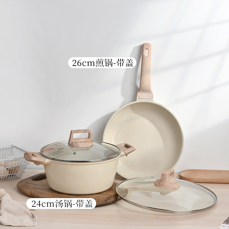 Juego de utensilios de cocina transfronterizo, juego doméstico de cuatro piezas, juego de utensilios de cocina de piedra de mármol, alto valor estético, integrado para cocinar al vapor y saltear, sartén antiadherente al por mayor