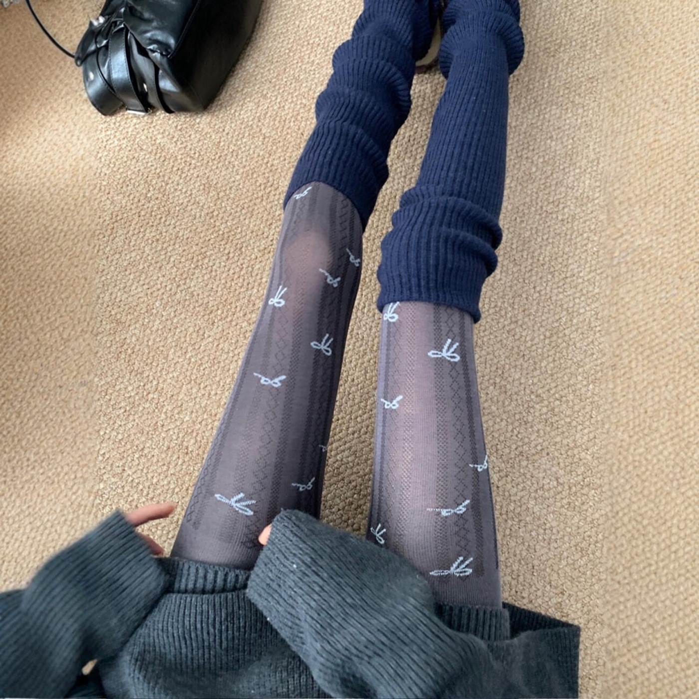 Autumn and Winter New Gray Striped Color-Blocking Bow Thin Cotton Leggings Slimming Anti-Snag Sheer Stockings