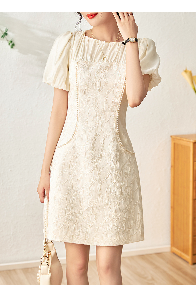 Đầm maxi nữ thắt eo phong cách dân tộc, phù điêu jacquard đính hạt satin — Màu đen chi tiết 3