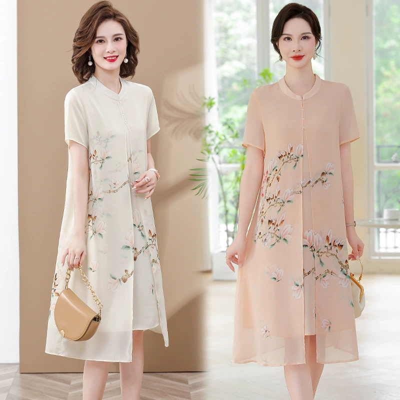 Летнее платье мамы достойное и элегантное, больших размеров, закрывает живот, женщин среднего возраста старше 50 лет, улучшенный чонсам, западный стиль.