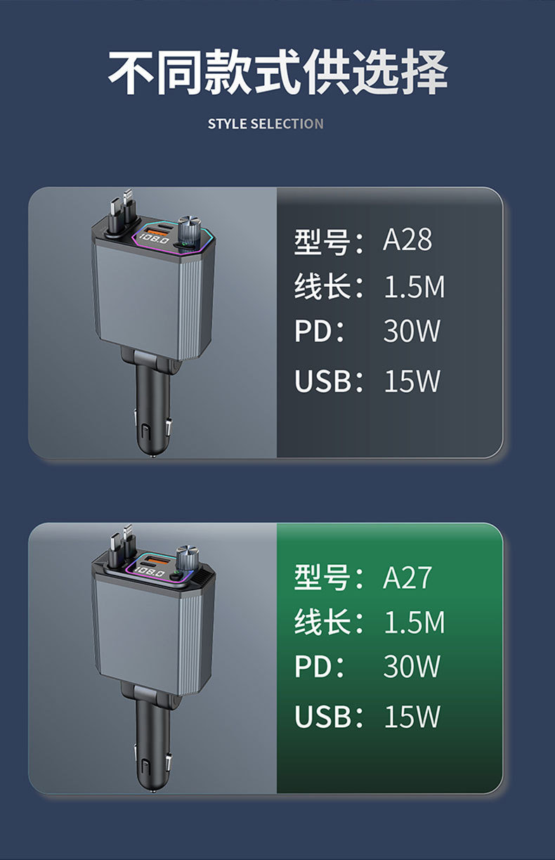 Private Model A28 Car Bluetooth Charger 120W with Dual Pull Cables, Four-In-One Fast Charging, Popular for Car Use and Cross-Border Sales
