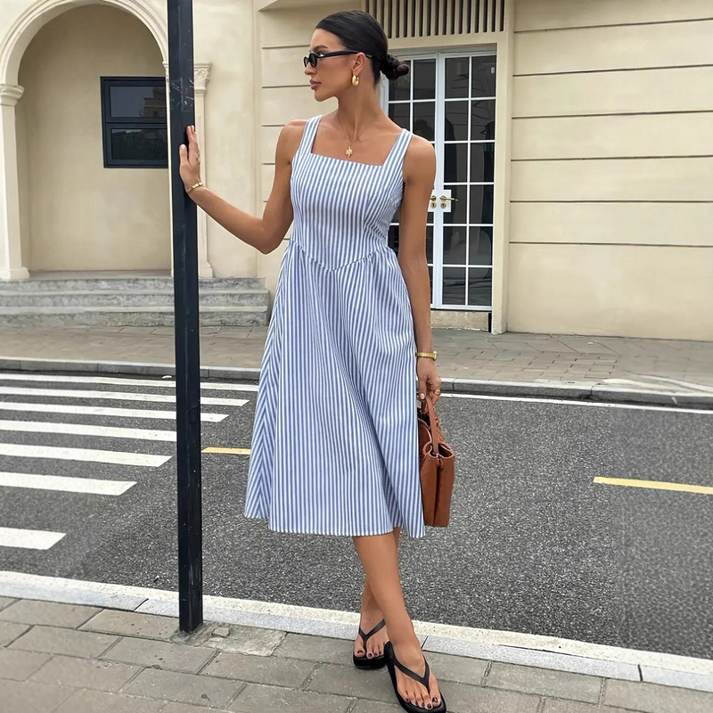 In-Stock Summer European and American Cross-Border Foreign Trade Women's Clothing, Elegant and Simple Square-Necked, Waist-Cinching, Stylish Striped Sleeveless Casual Dress In-Stock Summer European and American Cross-Border Foreign Trade Women's Clothing, Elegant and Simple Square-Necked, Waist-Cinching, Stylish Striped Sleeveless Casual Dress