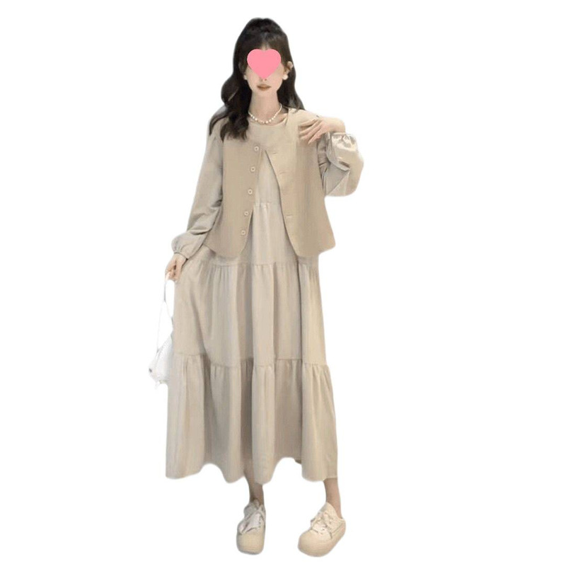 气质温柔奶茶色连衣裙马甲套装女春秋新款显瘦减龄时尚裙子两件套|undefined
