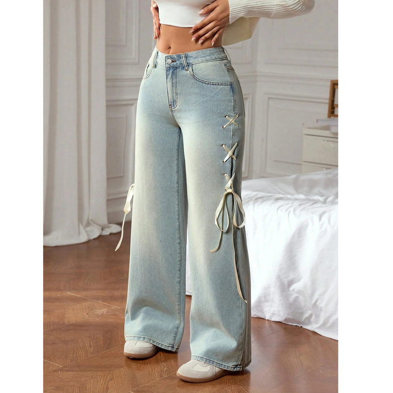 Plus Size Women's Clothing, Side Ribbon Straps, Straight Loose Jeans, Washed Stretch Denim, Fashionable and Sweet