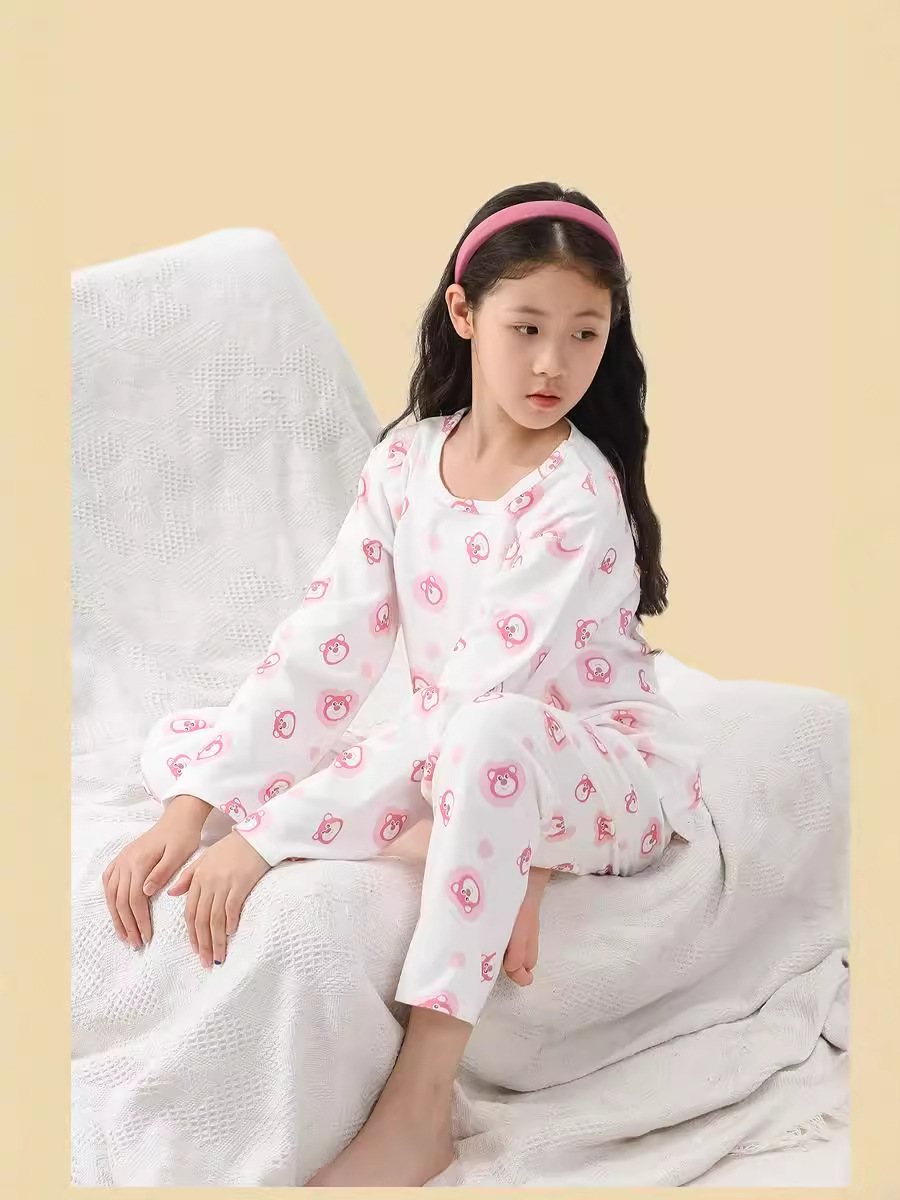 [Personalizada] Suelto cuello redondo niños pijamas de manga larga set de algodón otoño y invierno ropa de hogar para niños niños y niñas