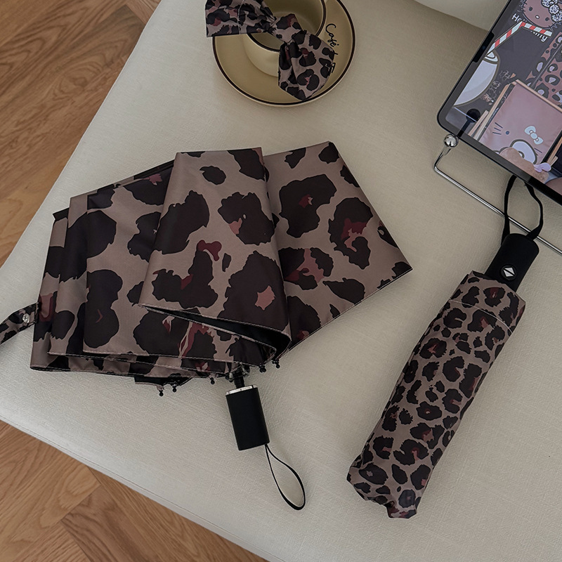 Customized Leopard Print Fully Automatic Retro Sun Protection and Uv Protection Umbrella for Both Rain and Shine, Foldable for Both Rain and Shine