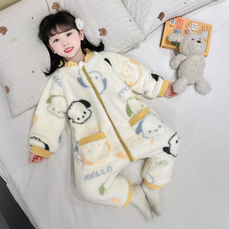 儿童连体睡衣珊瑚绒冬款加绒加厚女孩宝宝睡袋冬季女童连身家居服