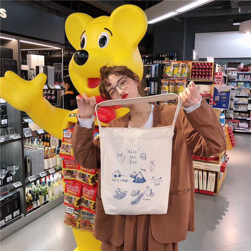 99304 ins single-shoulder hand-carry canvas bag, cute cartoon illustration tote bag for girls, student trend undefined