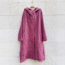 麻斐尔风衣 亚麻树皮皱连帽荷叶扣收腰外套韩版廓形小众慵懒大衣