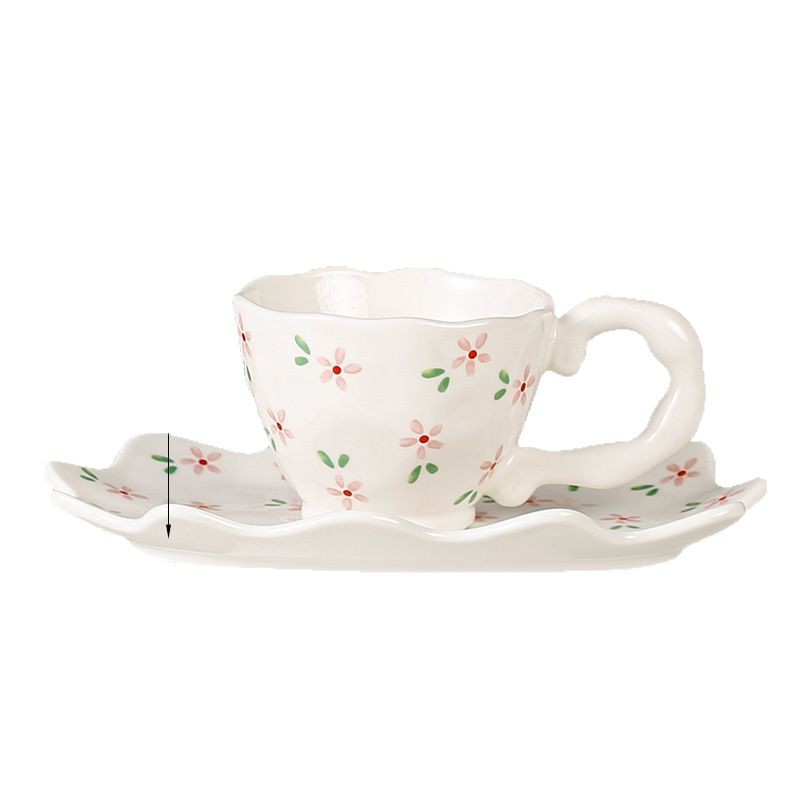 Taza y platillo de café de cerámica de flores de estilo ins de estilo japonés, taza irregular pellizcada a mano para niñas, té de la tarde