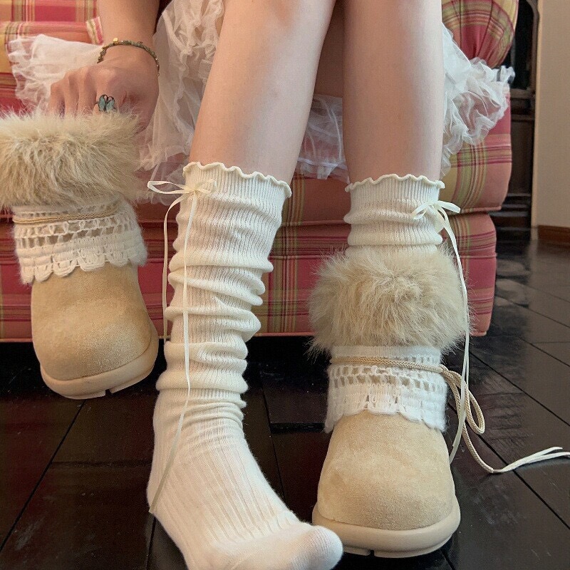 Carefully Selected Miu-Style Socks for Women, Calf Socks with Bowknots, Japanese-Style Melard Brown Lace Long Boot Socks