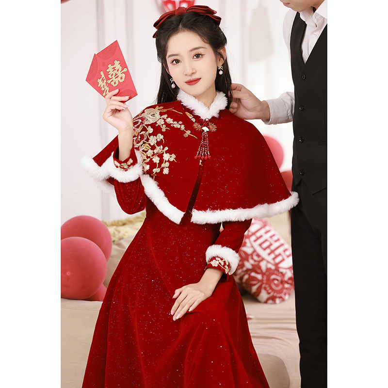 White Toasting Dress Bride's New Wine Red Back Door Engagement dress Winter New Chinese Style Banquet Dress