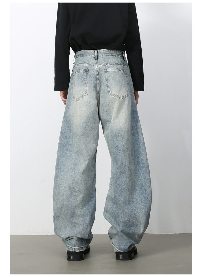 Quần jean nam ống rộng dáng suông cạp vừa phong cách đường phố — Denim đen, Làm cũ, Màu trắng, Màu xanh lam chi tiết 7
