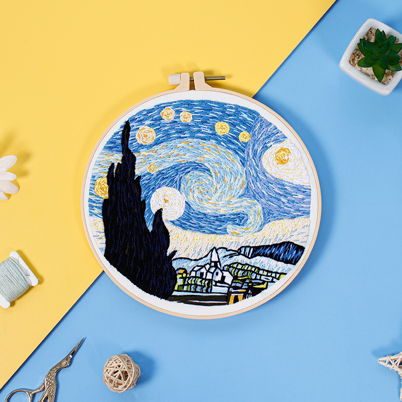 Van Gogh estrellado cielo DIY bordado hecho a mano paquete material costura traje estilo europeo paisaje estrellado cielo onda bordado tela impresión imagen