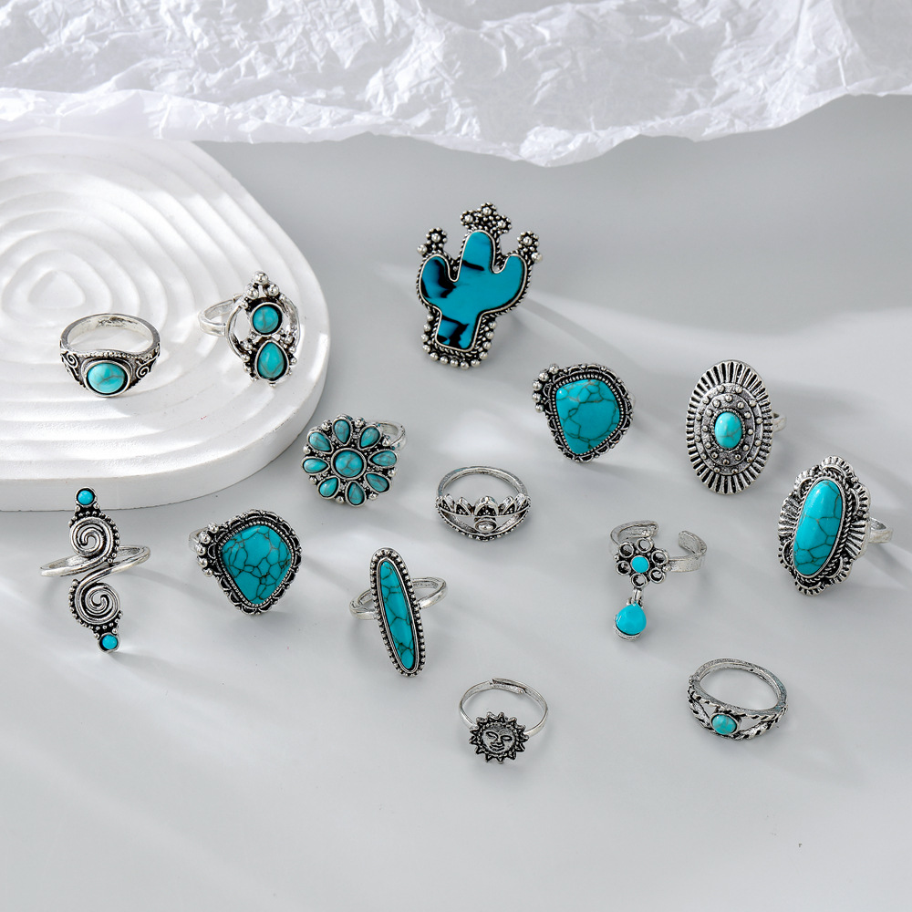 Street Occasion Alloy Material 14 Pieces 1 Set 4 Pieces Cactus Leaf Rings Alloy December Birthstone Turquoise Turquoise Women's Hip-Hop Retro Rings