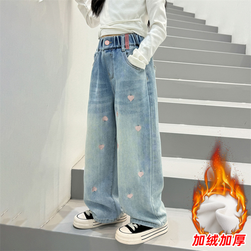 소녀 기모 청바지 겨울 2024 새로운 어린이 스트레이트 다리 바지 소녀 큰 어린이 서양식 가을과 겨울 넓은 다리 바지