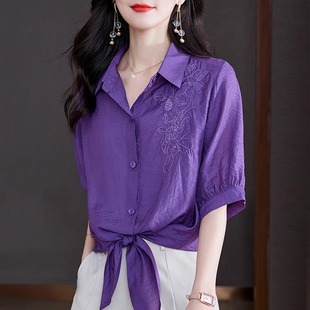 Cotton and Linen Shirts for Women 2025 New Summer Mom Fashionable Tops Beautiful Small Shirts Short-Sleeved Shirts