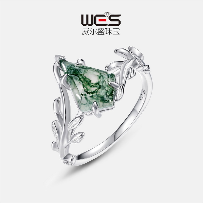 Nuevo anillo de piedra de musgo verde natural de rama de olivo transfronterizo S925 anillo de dedo de alimentación geométrico de ágata con incrustaciones de plata Europa y América