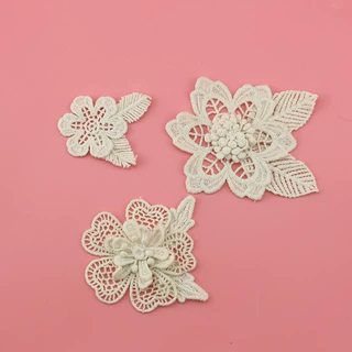 双层杏色纯棉刺绣连叶花片六瓣花五瓣花镂空花朵服装DIY辅料