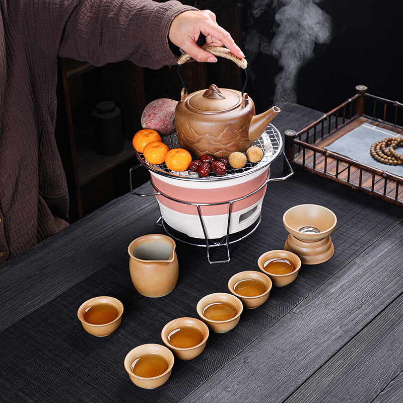 圍爐煮茶套裝茶壺茶杯全套明火炭爐茶爐粗陶側把壺套裝陶瓷煮茶器