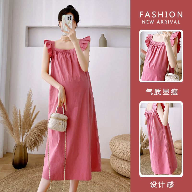 Summer Design Sense Wood Ear Edge Small Flying Sleeve Loose Slim Medium And Long Square Collar Pregnant Women Dress